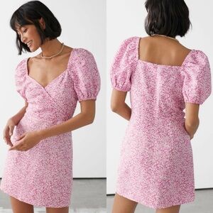 & Other Stories Fitted Puff Sleeve Mini Dress Pink Linen Blend Ditsy Floral